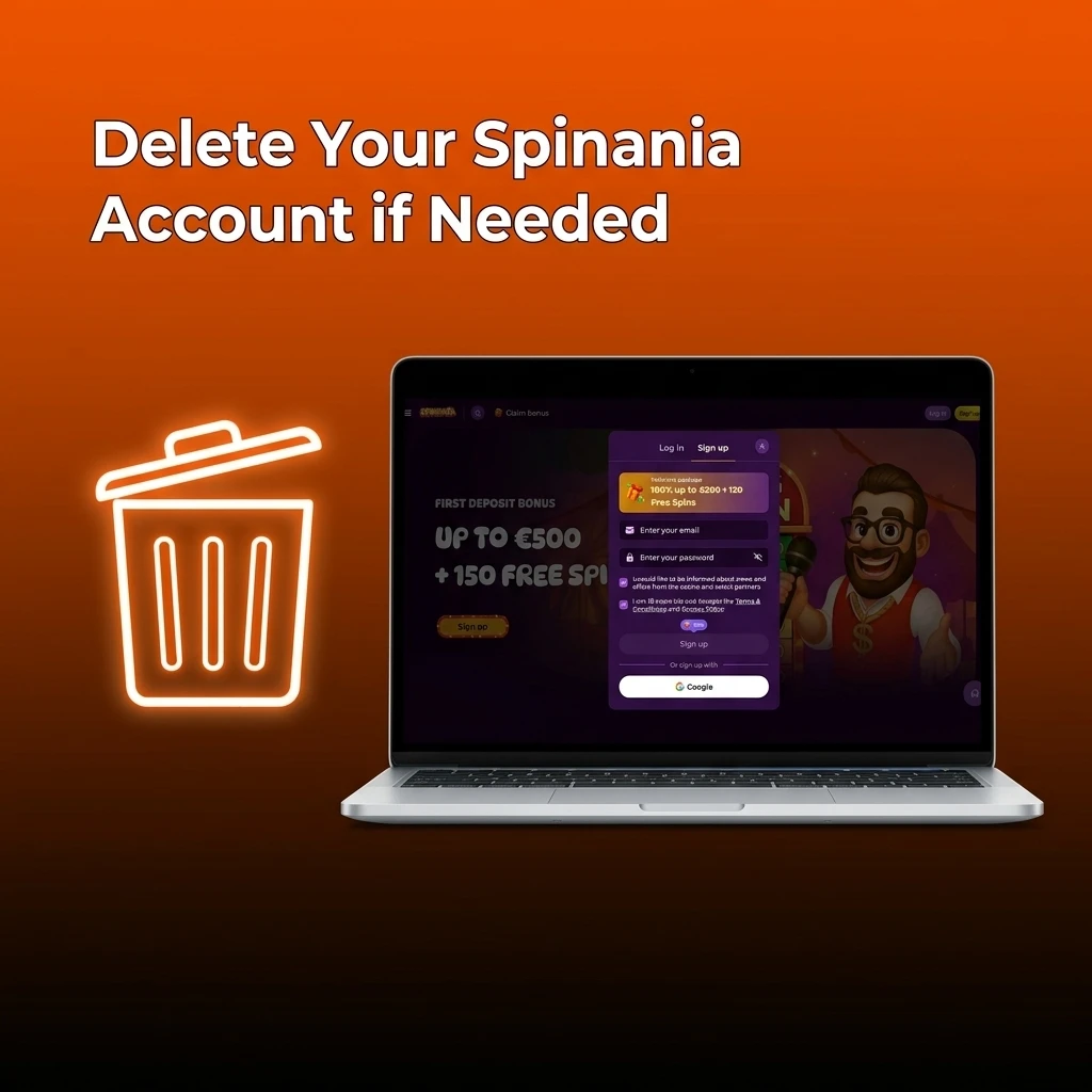 Step-by-step guide to deleting a Spinania account, covering settings, support contact, and closure confirmation