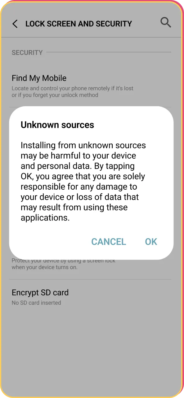 Granting browser permission to install the Spinania APK from external sources.