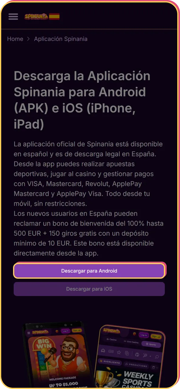Haz clic en el botón de descarga del sitio web oficial para iniciar la transferencia del archivo APK de Spinania.