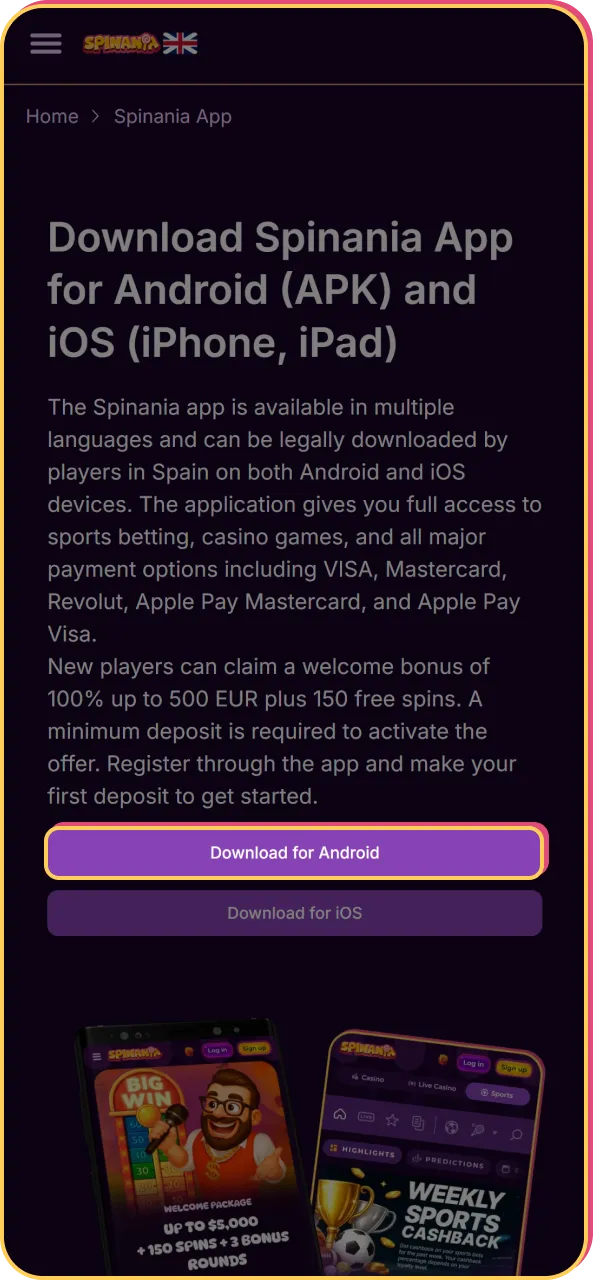 Click the download button on the official website to start the Spinania APK file transfer.