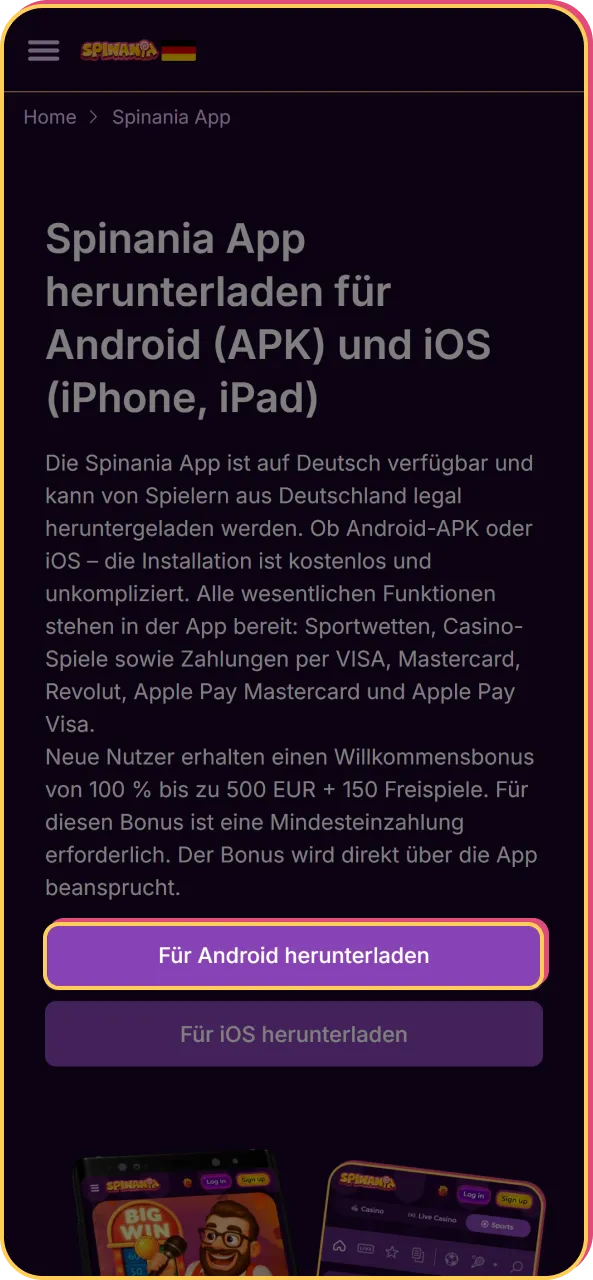 Klicke auf Download auf der offiziellen Website, um das Spinania-APK zu laden.