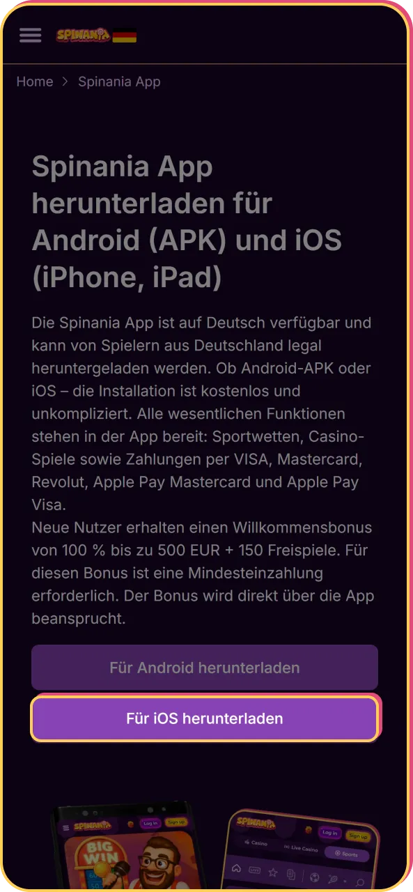 Spinania-Installation für iPhone über die mobile Seite starten.
