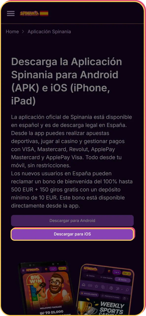 Iniciando el proceso de instalación de la aplicación de Spinania para iPhone desde la página de destino móvil.