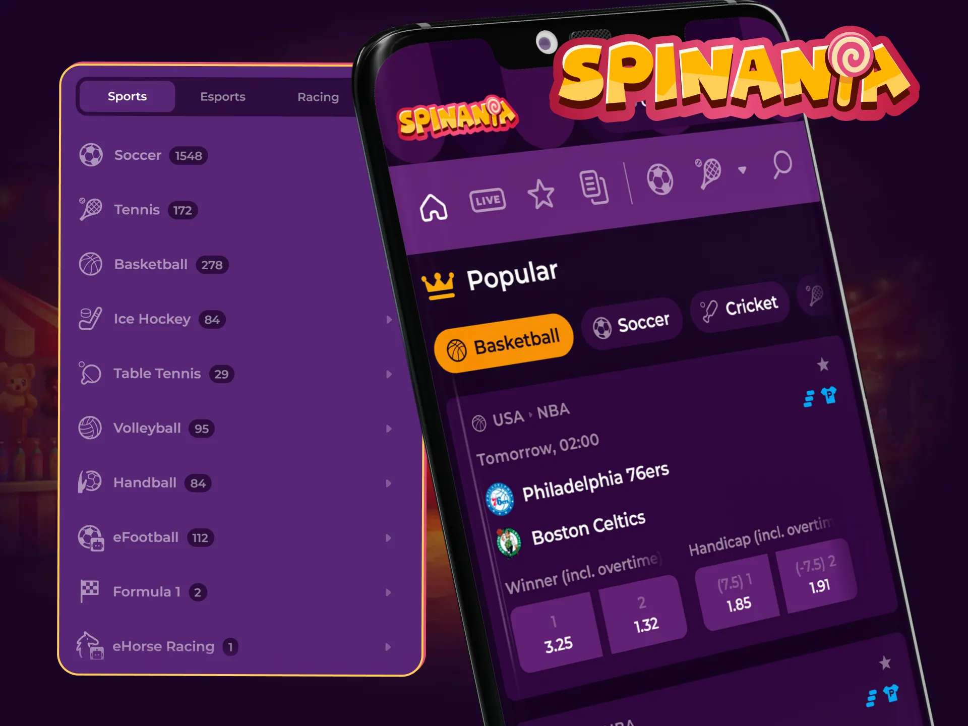 Place your bets on international leagues and local tournaments using the Spinania sports betting app.