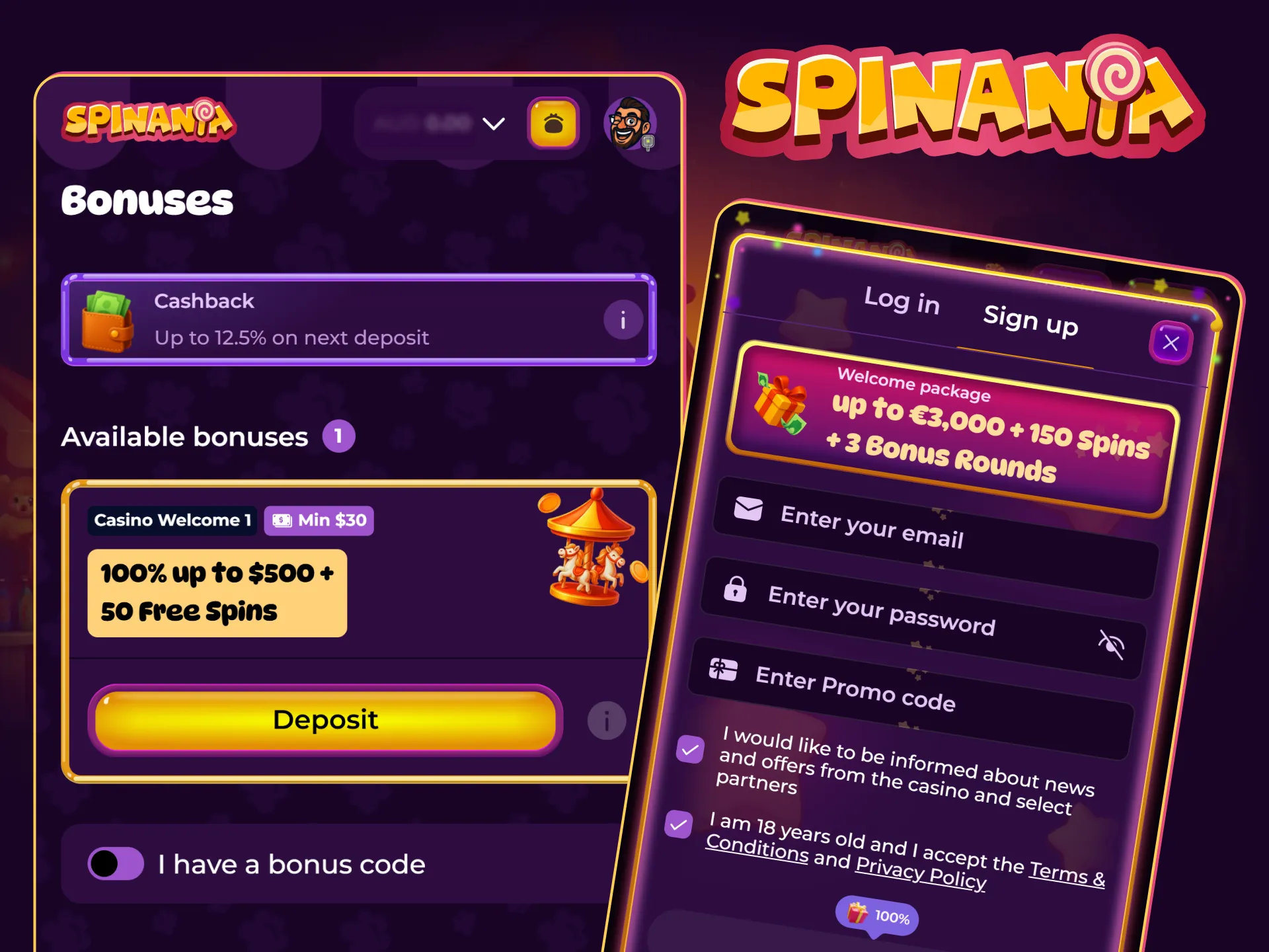 A promotional banner showcasing the Spinania app welcome bonus for new sports and casino players.